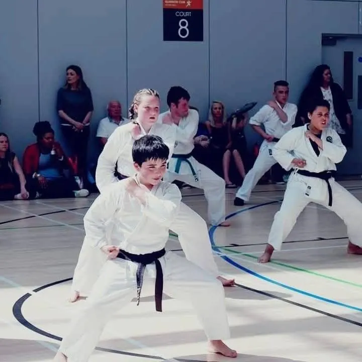 Juniors performing kata together in a sports hall
