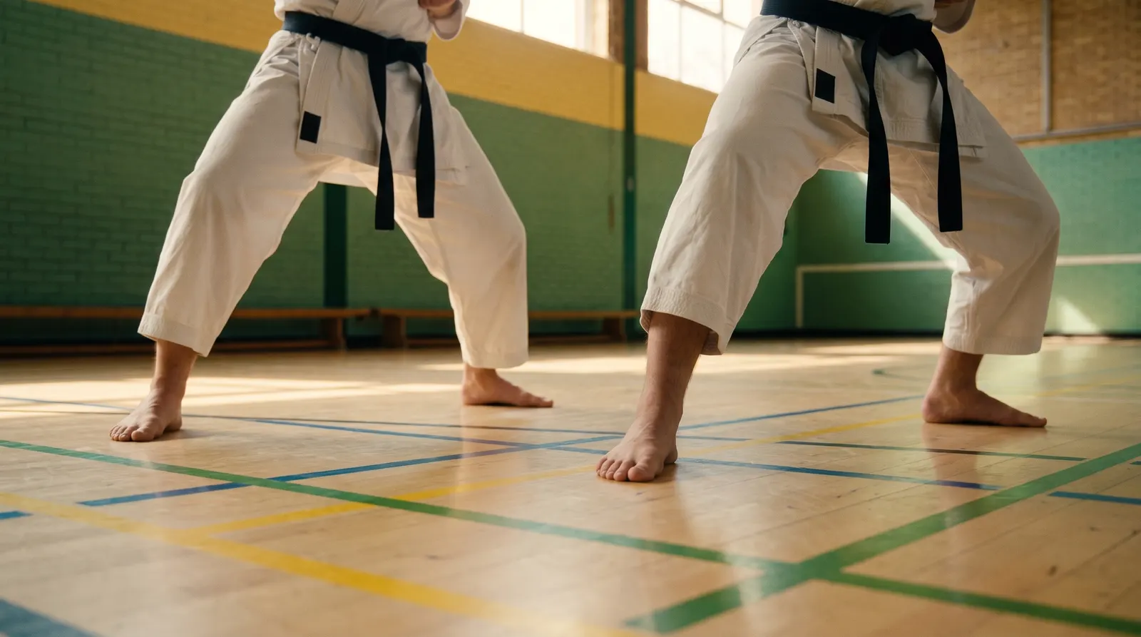 Bare feet in white gi trousers in front stance on a wooden sports hall floor