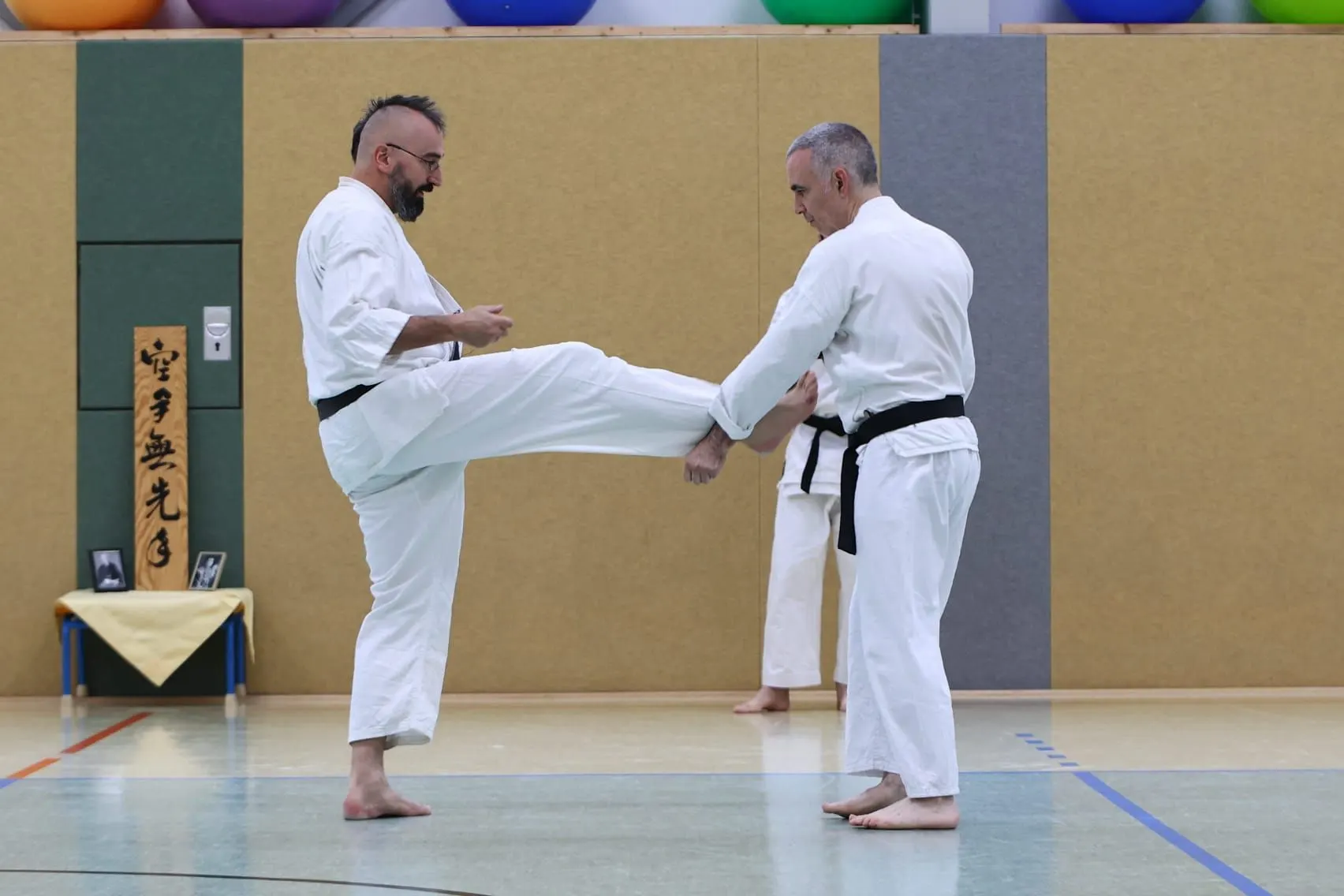A front kick blocked by a partner during kumite