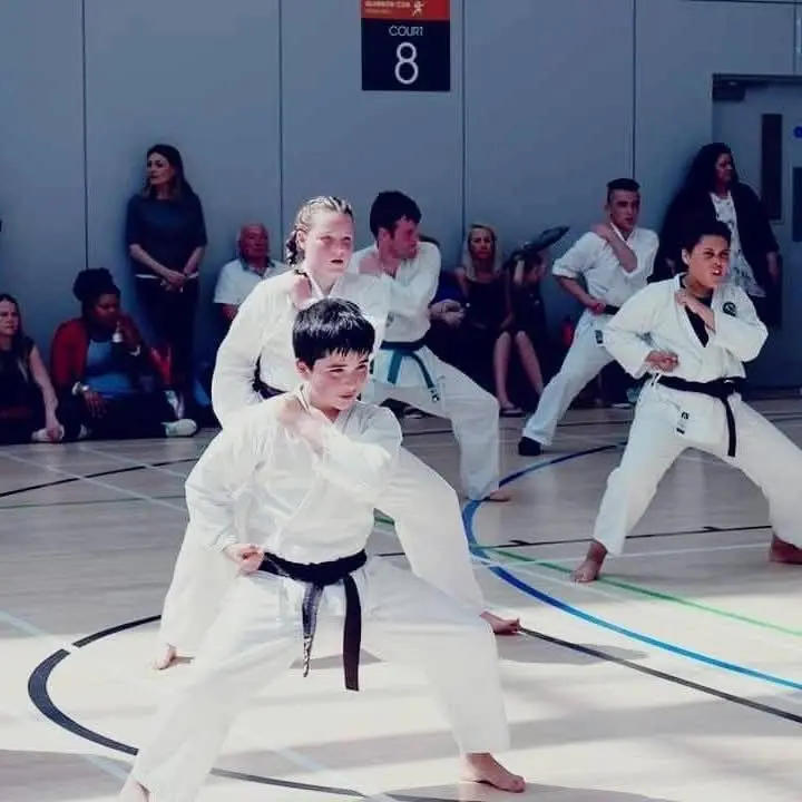Juniors practising kata in a sports hall