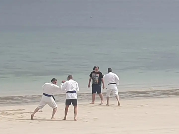 Members practising throws on the sand