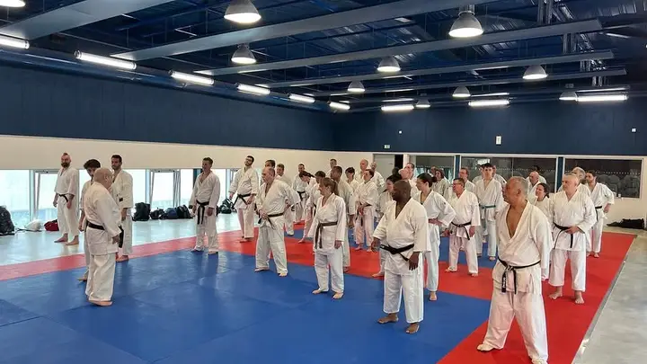 Members training on a blue mat by tall windows
